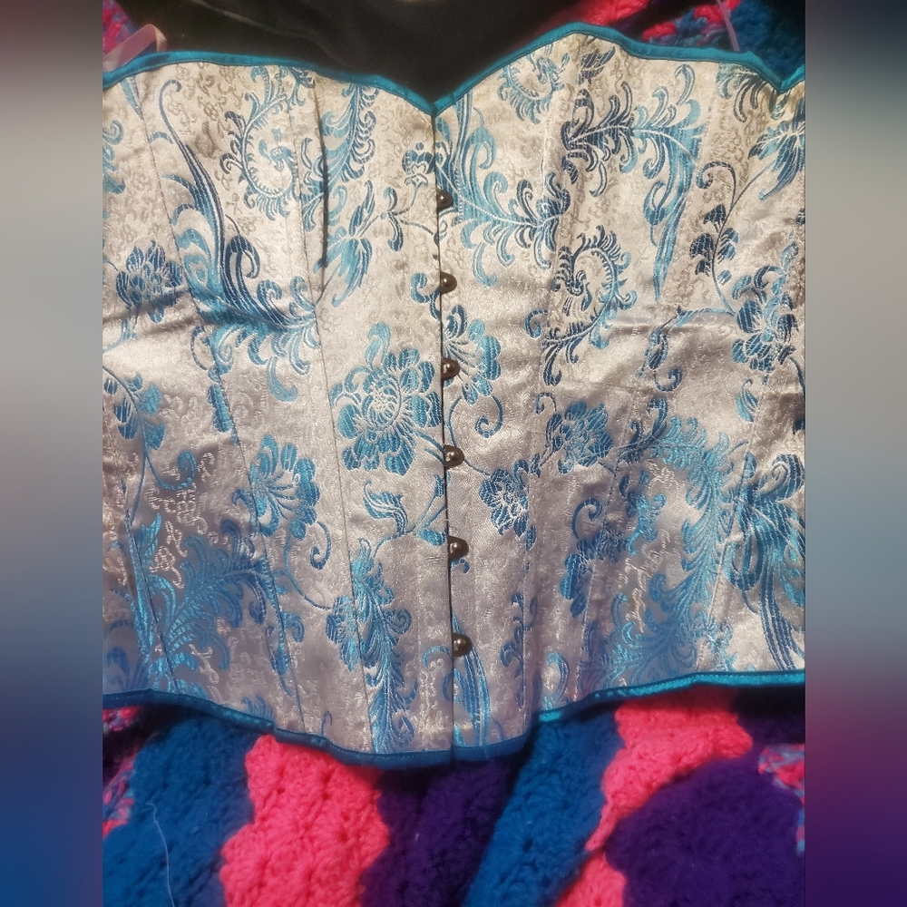 White and Blue Shiney Over Bust Lace Up Corset - Picture 7 of 13